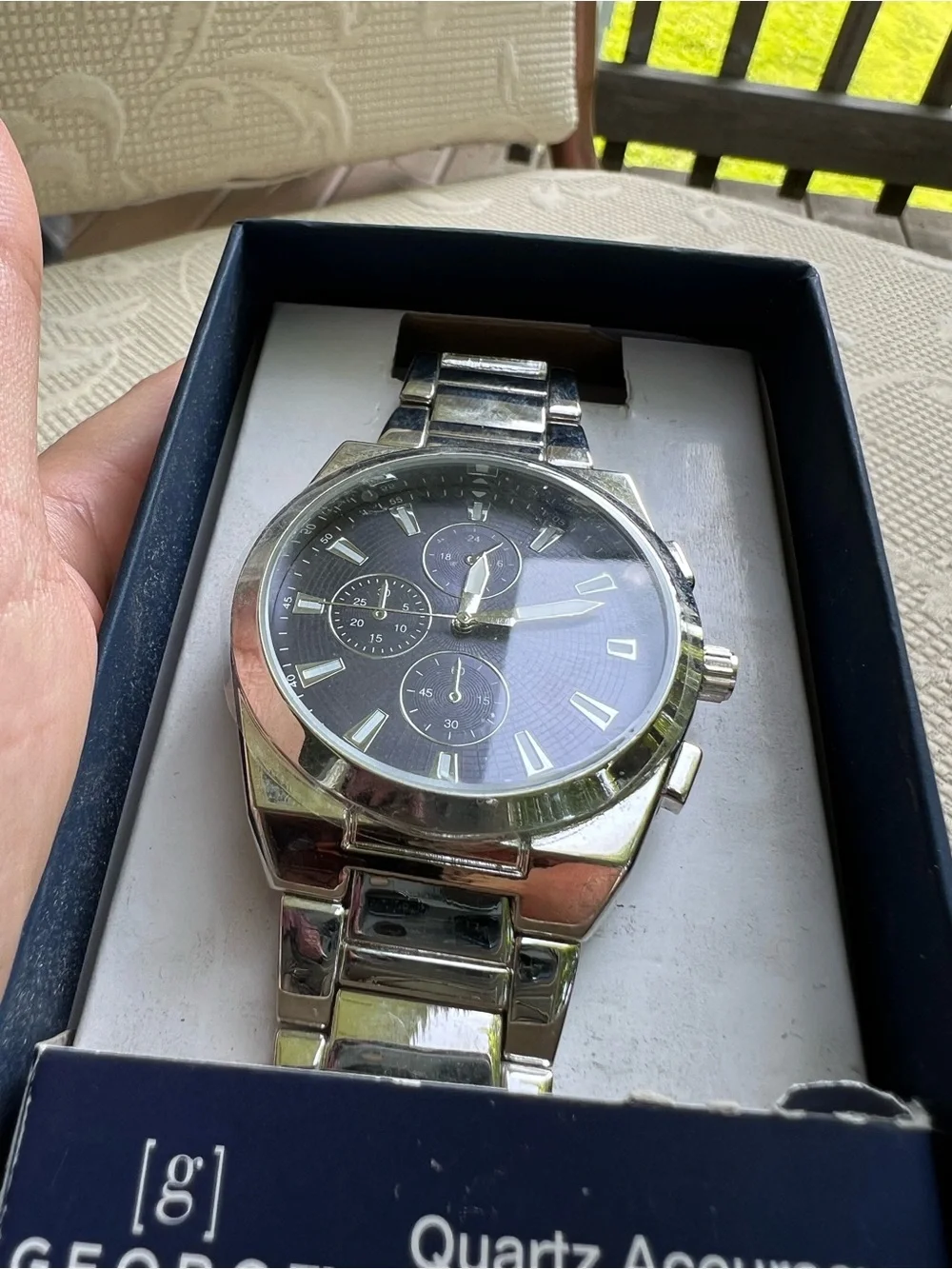 Men’s Silver Stainless Steel Quartz Watch – Black Dial – New in Box